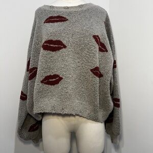 Gray Sweater with Red Lip Pattern